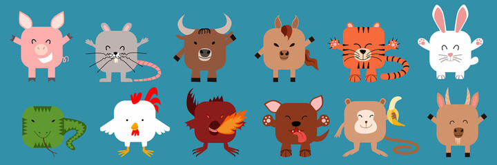 A set of Chinese zodiac animals of square shape with rounded corners. Vector illustration in a flat style