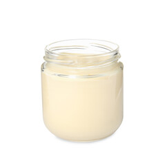 Jar of delicious mayonnaise isolated on white