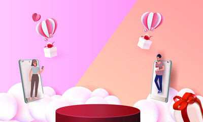 3d podium red product background for valentine.pink and heart love romance concept design vector illustation decoration banner 
