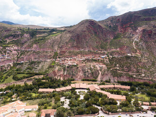 Fototapeta premium View of aerial Urubamba city in the Sacred Valley of Peru. City in the Peruvian Andes in Cusco.