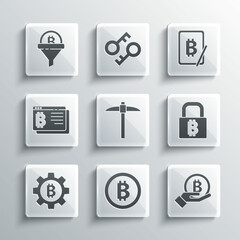 Set Bitcoin, Hand holding, Lock with bitcoin, Pickaxe, Cryptocurrency, browser, Sales funnel and Mining from tablet icon. Vector