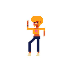 Dancing young blonde girl character. Pixel art flat 80s style. Game assets. 8-bit. Isolated abstract vector illustration.