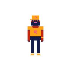 Brutal man in a cap with a beard. Pixel art style character. Avatar, portrait, profile picture.  Game assets.  8-bit. Isolated vector illustration.