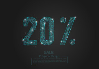Abstract isolated blue 20 percent sale concept. Polygonal illustration looks like stars in the blask night sky in spase or flying glass shards. Digital design for website, web, internet.