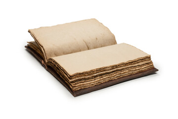 An open empty old notebook isolated on a white background.