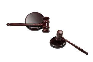 Wooden judge gavel and soundboard isolated on a white background.
