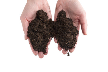 Brown soil in woman hands isolated on white.