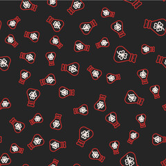 Line Money bag with clover trefoil leaf icon isolated seamless pattern on black background. Happy Saint Patricks day. National Irish holiday. Vector