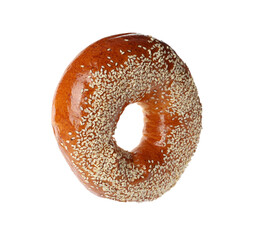 Delicious fresh bagel with sesame seeds isolated on white