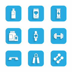 Set Smartwatch, Sport expander, Dumbbell, Step platform, Sports nutrition, and Fitness shaker icon. Vector