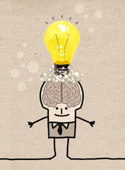 Cartoon big Brain Man with Light bulb over his head