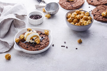 Giant chocolate skillet cookies with ice cream