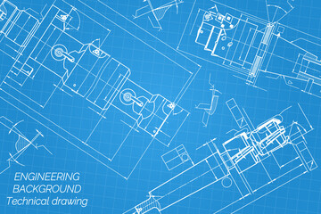 Mechanical engineering drawings on blue background. Tap tools, borer. Technical Design. Cover. Blueprint. Vector illustration.