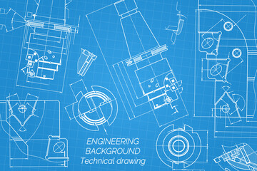 Mechanical engineering drawings on blue background. Tap tools, borer. Technical Design. Cover. Blueprint. Vector illustration.