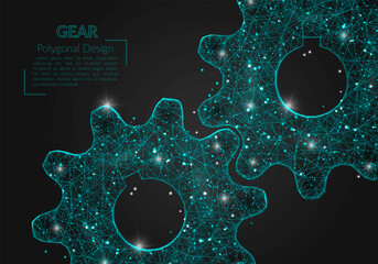 Abstract isolated blue image of a gear. Polygonal illustration looks like stars in the blask night sky in spase or flying glass shards. Digital design for website, web, internet © Katsiaryna