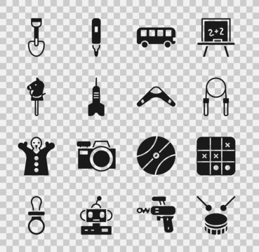Set Drum with drum sticks, Tic tac toe game, Jump rope, Bus toy, Dart arrow, Toy horse, Shovel and Boomerang icon. Vector