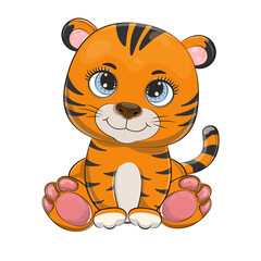 Cute cheerful cartoon tiger on a light background.