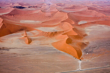 An aerial view of the famous Dune 45 visited by many tourists at Sossusvlei in the Namib Desert of Namibia.
