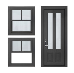 wooden doors with windows. Closed and open windows. 3D illustration