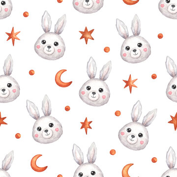 Watercolor seamless pattern with face or head of cute animal bunny with moon and stars. Nursery illustration in cartoon style on white background.
