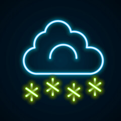 Glowing neon line Cloud with snow icon isolated on black background. Cloud with snowflakes. Single weather icon. Snowing sign. Colorful outline concept. Vector