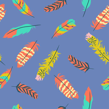 Feathers seamless pattern in boho style. Vector graphics.