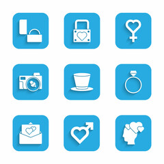 Set Cylinder hat, Heart with male gender, Head heart, Diamond engagement ring, Greeting card, Photo camera, Female symbol and icon. Vector