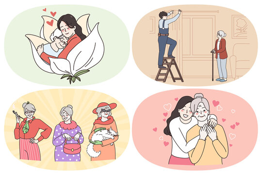 Happy senior people getting support concept. Set of smiling mature people grandparents hugging grandkids having help of workers feeling support and love wearing fashionable clothes vector illustration