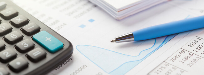 Obraz premium Accounting document with pen,color diagram and checking financial chart. Concept of banking, financial report and financial audit. In blue color.