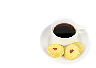 Heart shaped biscuit or cookies and cup of coffee on white dish isolated on white background.