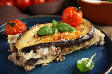 Blue plate of delicious eggplant lasagna, closeup