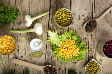 Canned corn, peas, beans