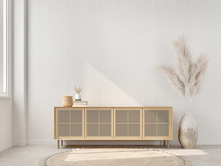 TV cabinet in minimal living room with pampas,pot,rug and sunlight on white concrete wall.3d rendering