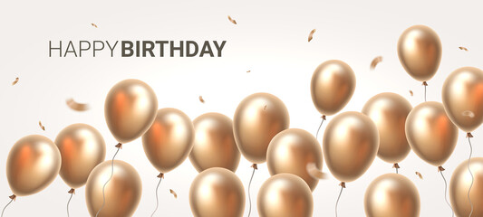 Vector beautiful illustration with realistic golden color air balloon and text. Happy birthday holiday template design with balloon on light background