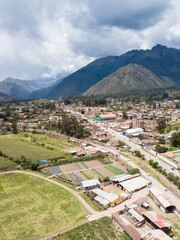 Fototapeta na wymiar Aerial view of Sacred Valley in Peru. Rural scene in Urubamba city in Peruvian Andes.