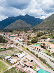 Fototapeta na wymiar View of aerial Urubamba city in the Sacred Valley of Peru. City in the Peruvian Andes in Cusco.
