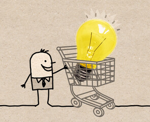 Hand drawn cartoon Businessman with a Shopping Cart and big Light