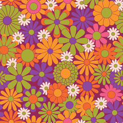 Colorful floral seamless pattern. Groovy flowers vector illustration, hippie aesthetic. Funny multicolored print for fabric, paper, any surface design. Psychedelic wallpaper
