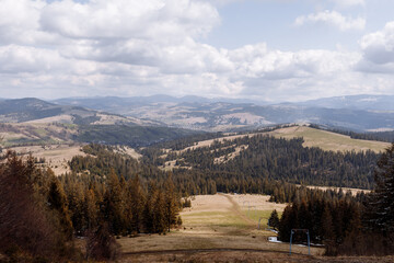 Landscape. Ski lift in the summer, the Carpathians mountains.