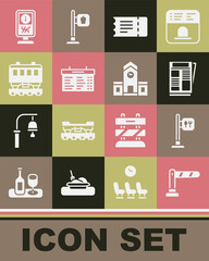 Set Railway barrier, Cafe and restaurant location, News, Train ticket, station board, Passenger train cars, Information stand and icon. Vector