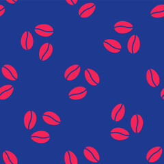 Red Coffee beans icon isolated seamless pattern on blue background. Vector