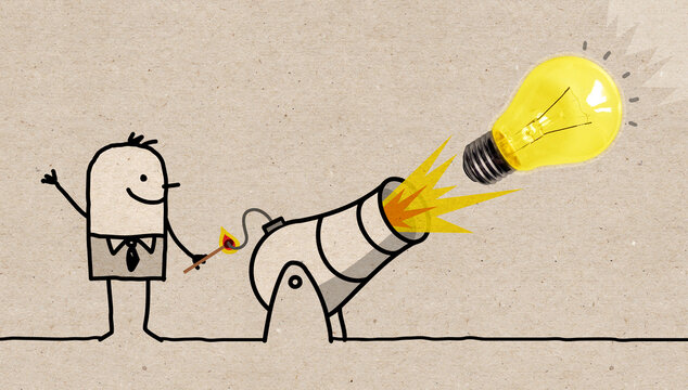 Cartoon Man with a Cannon and a big light bulb