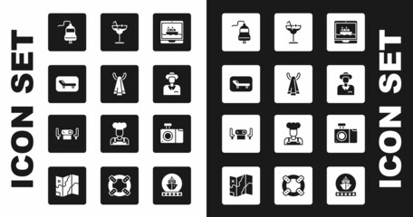 Set Cruise ship, Towel on a hanger, Sunbed and umbrella, Ship bell, Tourist, Cocktail, Photo camera and Poker table icon. Vector