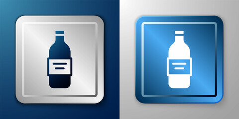 White Glass bottle of vodka icon isolated on blue and grey background. Silver and blue square button. Vector