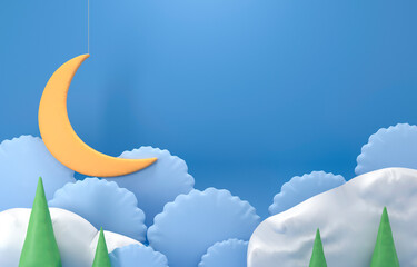 Obraz na płótnie Canvas Crescent moon with podium, stars, clouds - badtime card. Sweet dream plasticine base background. Cute illustration in pastel colors. Minimal 3d art style. Empty space for advertising baby products 
