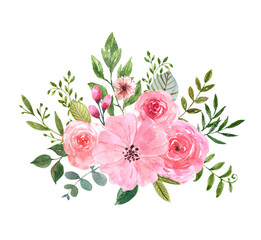 Watercolor floral arrangement with pretty pink flowers and greenery. Hand drawn spring blossom illustration. Greeting cards template.