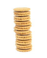Stack of tasty sandwich cookies with chocolate cream on white background