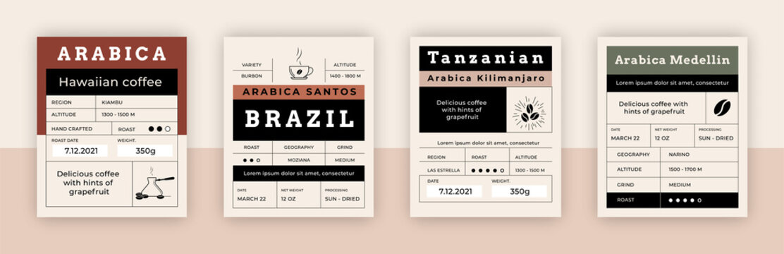 Coffee package emblem. Vintage Arabica pack label mockup with minimalistic graphic grid layout and place for text. Roasted beans square packaging tags. Vector espresso drink stickers set