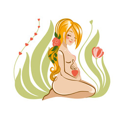 Pregnant woman hugs her belly.  Motherhood, pregnancy. Mother's Day. Vector illustration