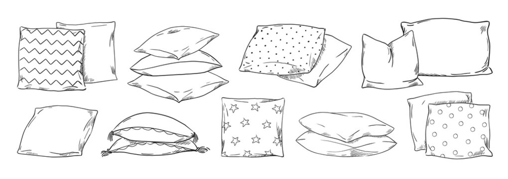 Cushion drawing. Doodle home bedroom pillows. Cozy hand drawn feather orthopedic bedding lay in stack. Interior comfortable sketch elements. Vector textile sleeping accessories set